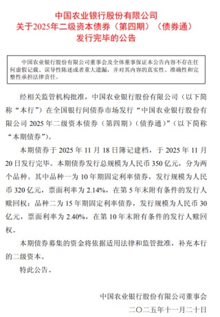 农业银行：完成发行350亿元二级资本债券