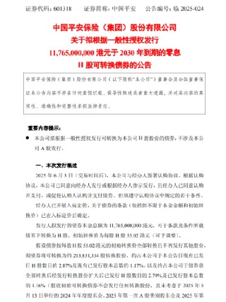 中国平安：拟发行117.65亿港元零息H股可转换债券