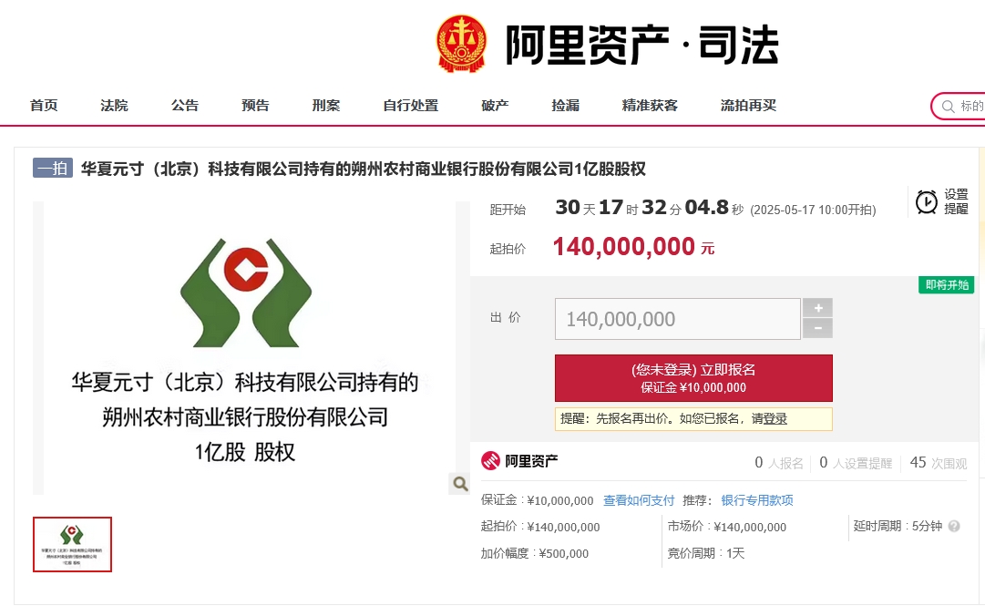 朔州农商行1亿股股权将公开拍卖  第1张