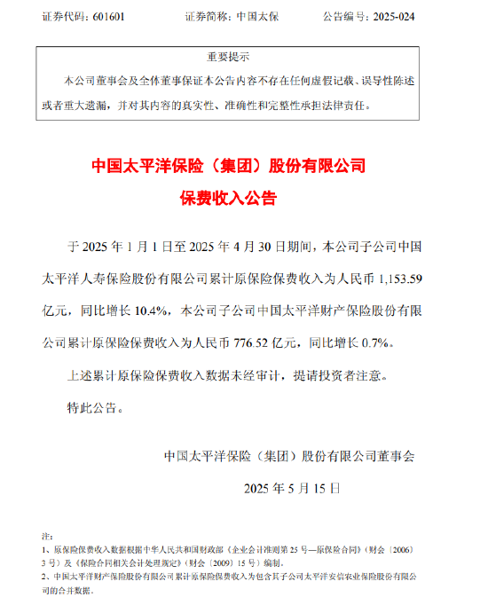 中国太保：前4月太保寿险累计原保险保费收入同比增长10.4%  第1张