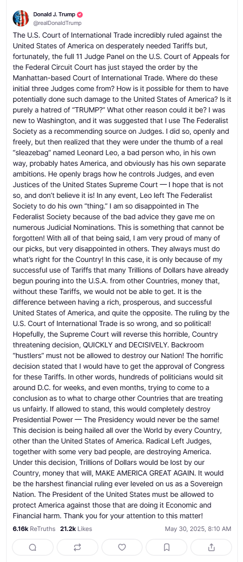 美政府关税措施被叫停后，特朗普首次发长文回应！  第1张