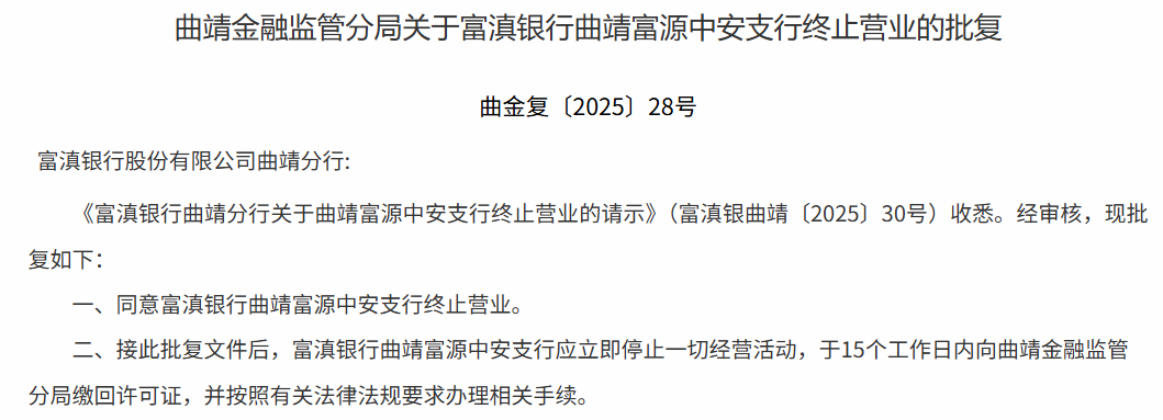 富滇银行关闭两家“村改支行”！村镇银行三年改革重组全面收官  第1张