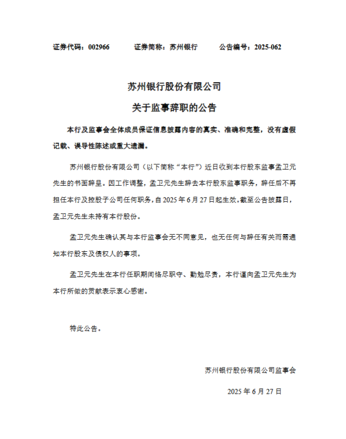 苏州银行:孟卫元因工作调整辞任股东监事  第1张 苏州银行:孟卫元因工作调整辞任股东监事  第1张
