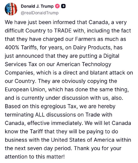 特朗普宣布立即中断与加拿大的贸易谈判 威胁对该国征收新关税  第1张 特朗普宣布立即中断与加拿大的贸易谈判 威胁对该国征收新关税  第1张