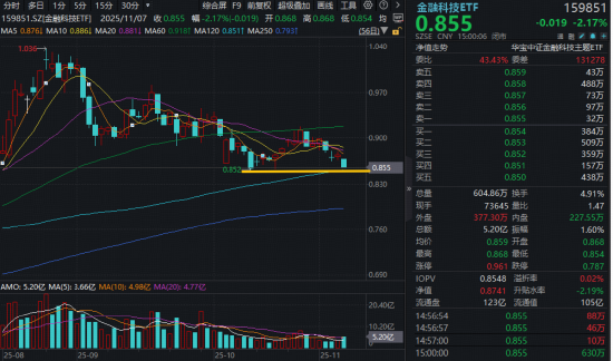 技术强支撑？“W底”形态显现，百亿金融科技ETF（159851）跌逾2%，资金单日狂买1.69亿份  第1张