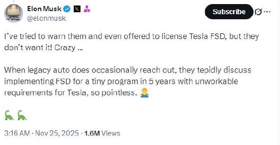 马斯克吐槽传统车企不愿使用特斯拉的FSD技术:“他们不想要,简直疯了!” 第1张 马斯克吐槽传统车企不愿使用特斯拉的FSD技术:“他们不想要,简直疯了!” 第1张