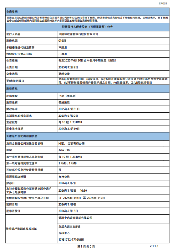 邮储银行：将于2026年2月13日派发中期股息每10股1.23元  第1张