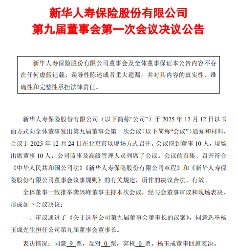 新华保险：选举杨玉成为董事长  第1张